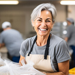 woman in aproon smiling while working
